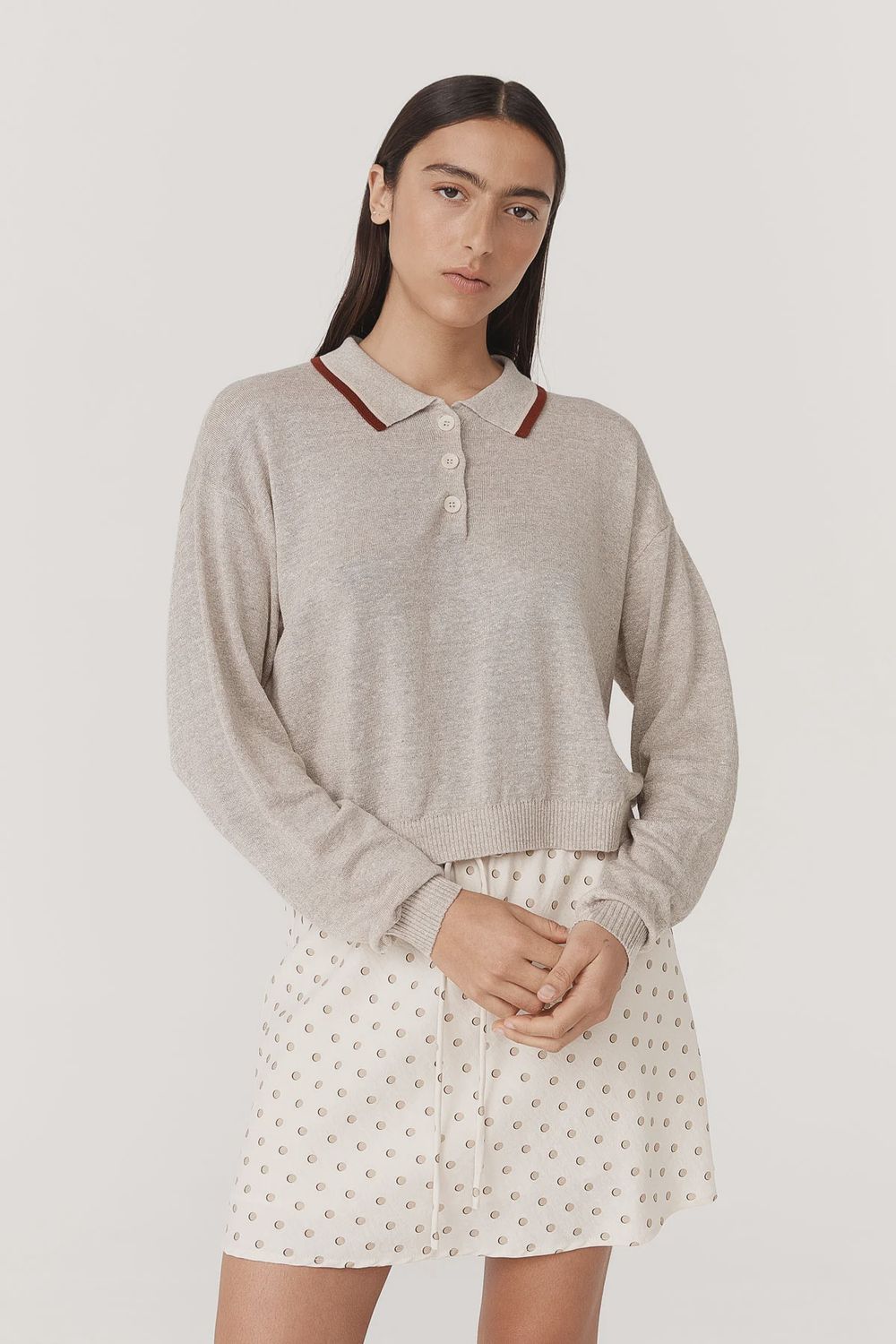 Uma Linen Knit Polo Top - Oat Marle
