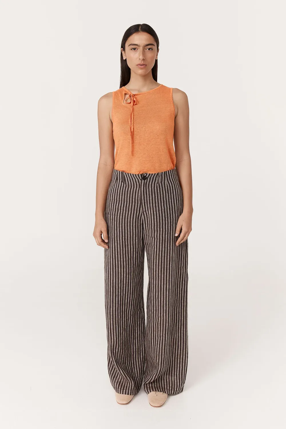 Carlotta Linen Wide Pants - Brown Stripe