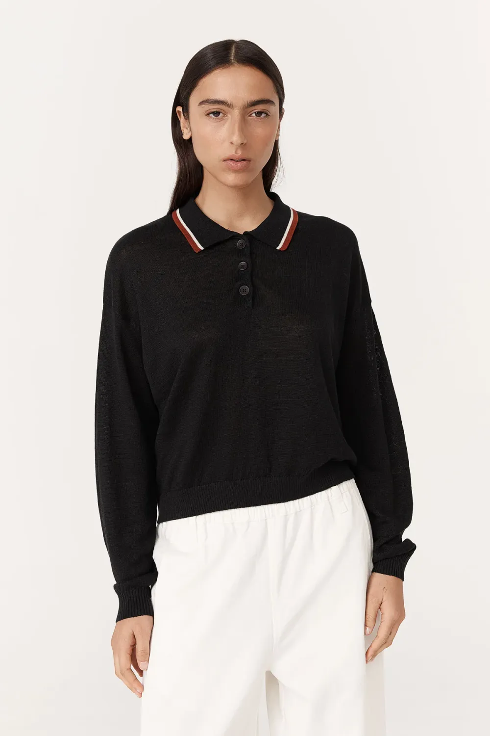 Uma Linen Knit Polo Top - Noir