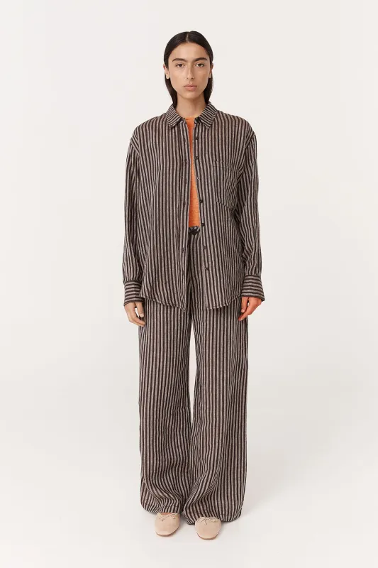 Ramona Linen Long Sleeve Shirt - Brown Stripe