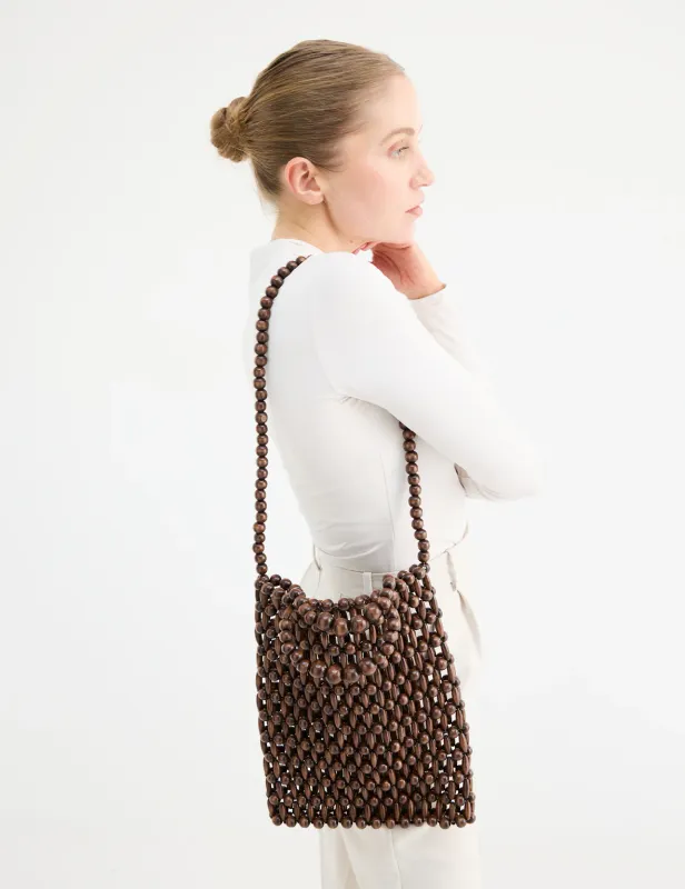 Gia Beaded Tote Bag - Brown