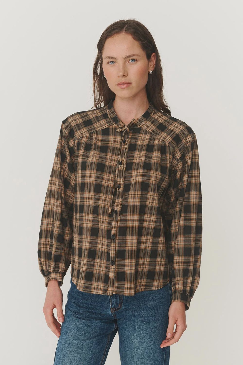 Cora Long Sleeve Blouse - Tobacco Plaid