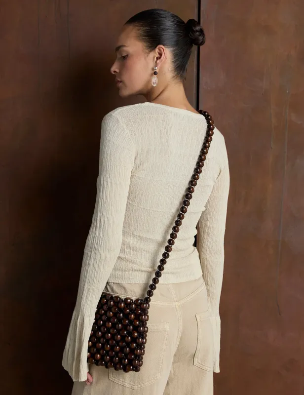 Beaded Cross Body Bag - Brown
