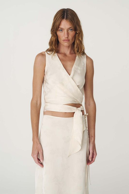Cloudia Jacquard Wrap Top - Ivory Floral