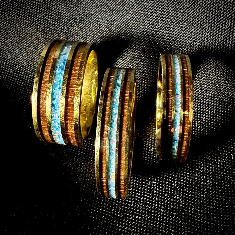 Handcrafted Brass Finger Rings with Wood and Opal Inlays (Set of 3)