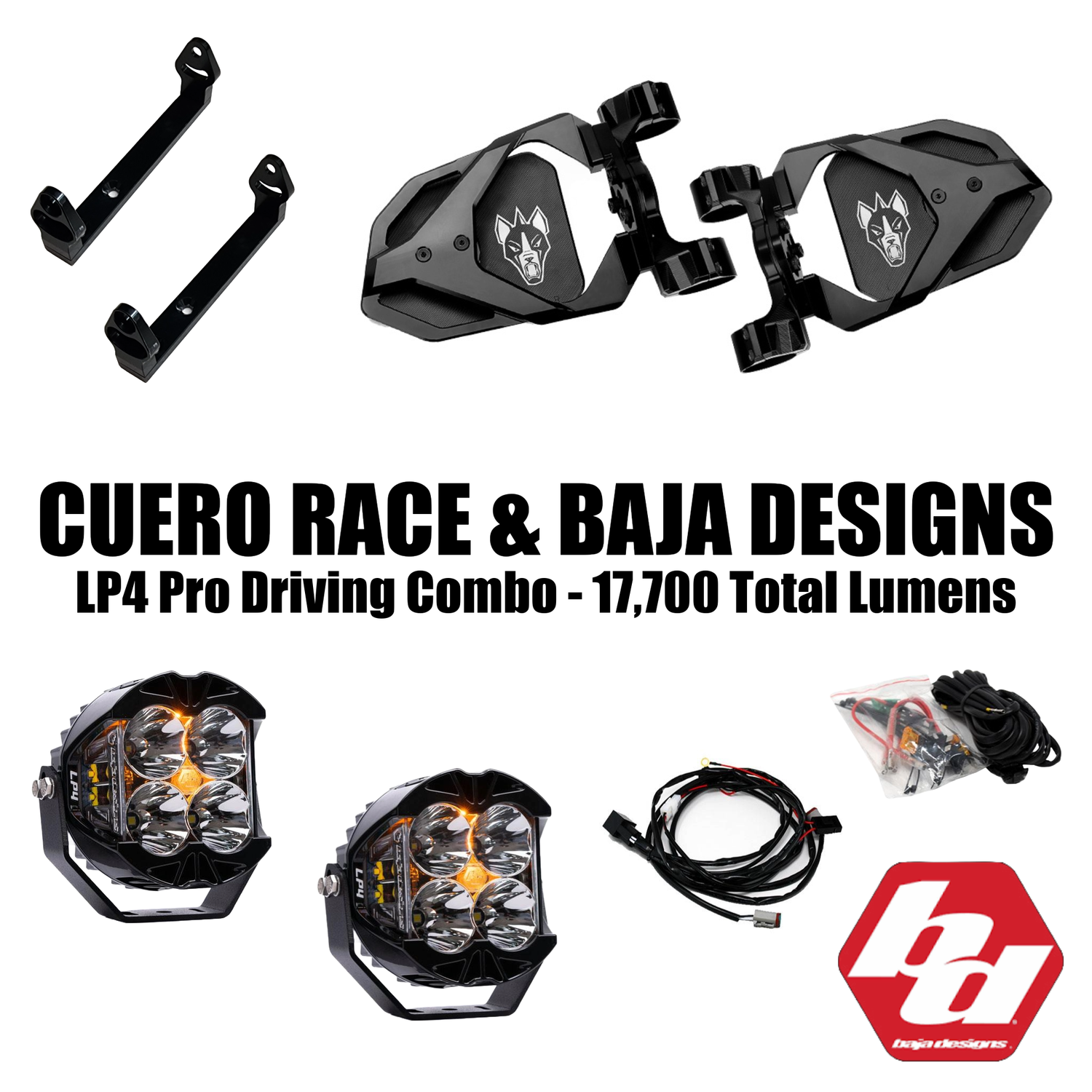 Cuero Race Mirror / Baja Designs LP4 Light Combo, Size: 1.5, Cuero Race Color: Black, Lens Color: Clear