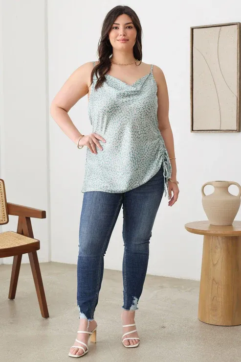 Plus Size Satin Floral Dropped Neckline Side Tie Top
