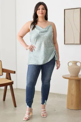 Plus Size Satin Floral Dropped Neckline Side Tie Top