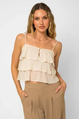 Sleeveless Ruffle Tiered Button Cami Boho Top