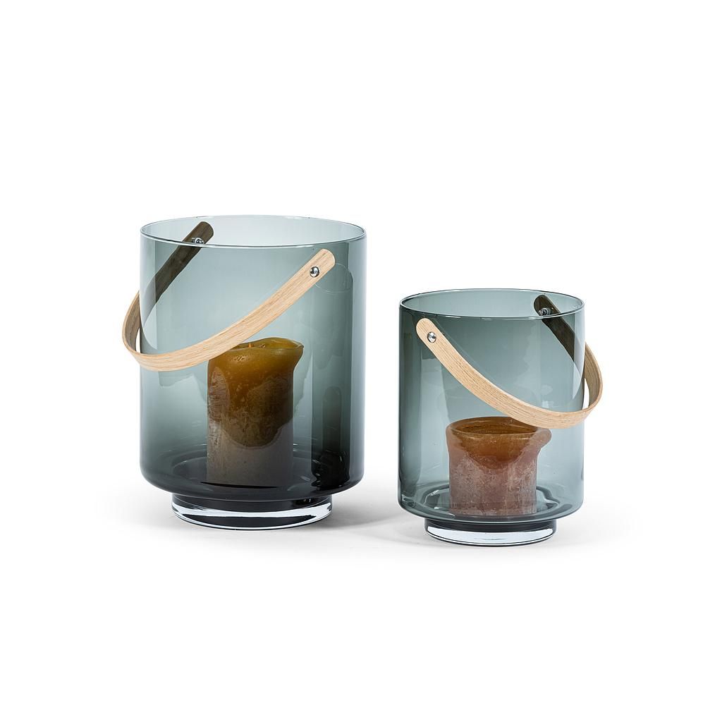 Windlicht met handvat in eik, smoked glas, groot