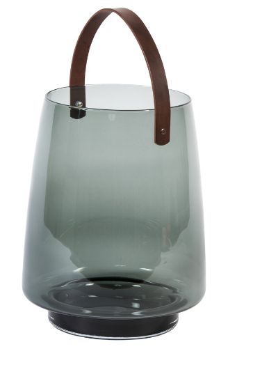 Windlicht met handvat in leder, smoked glas, large