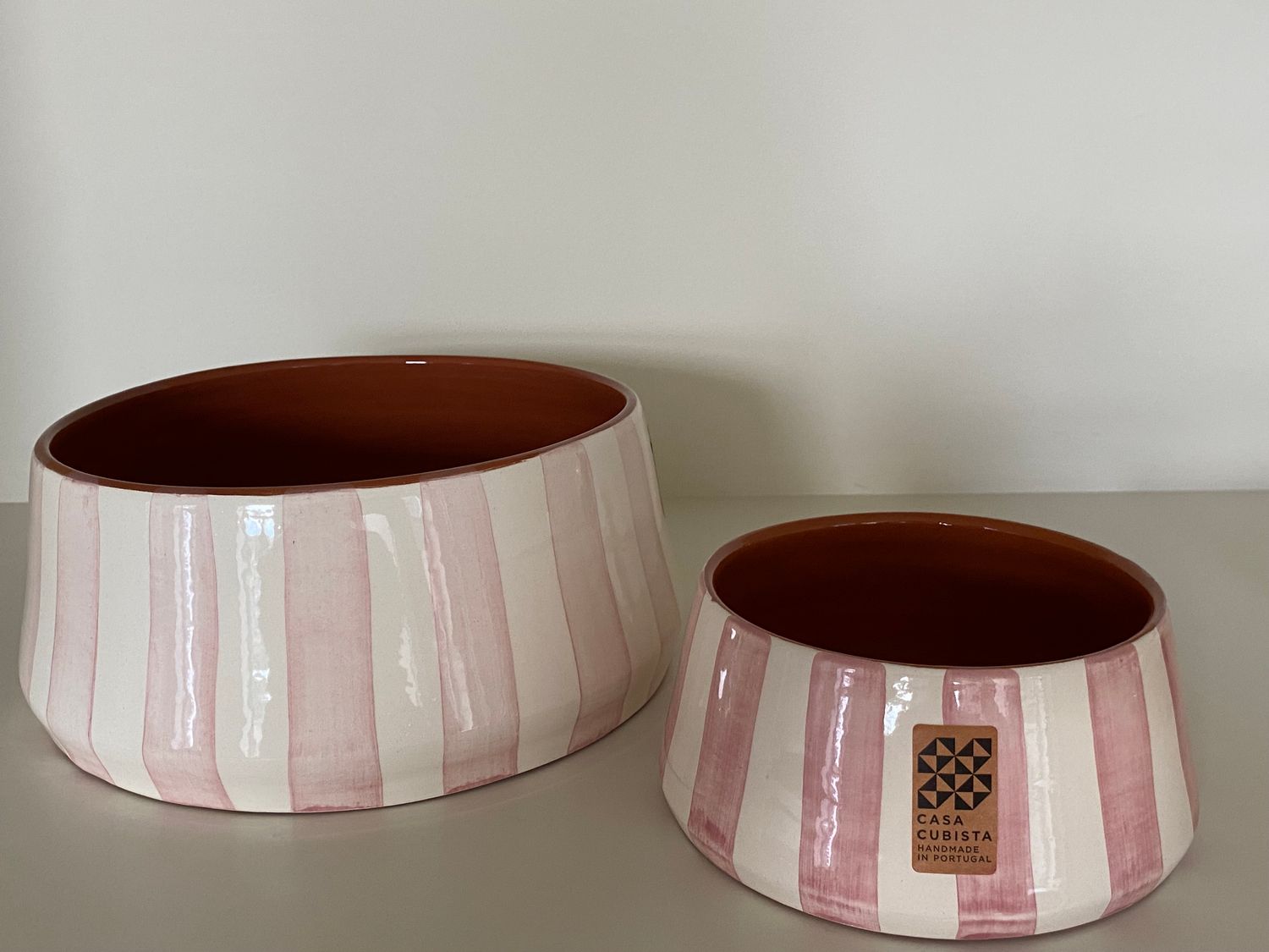 Kom, taps en gestreept, roze en terracotta, large