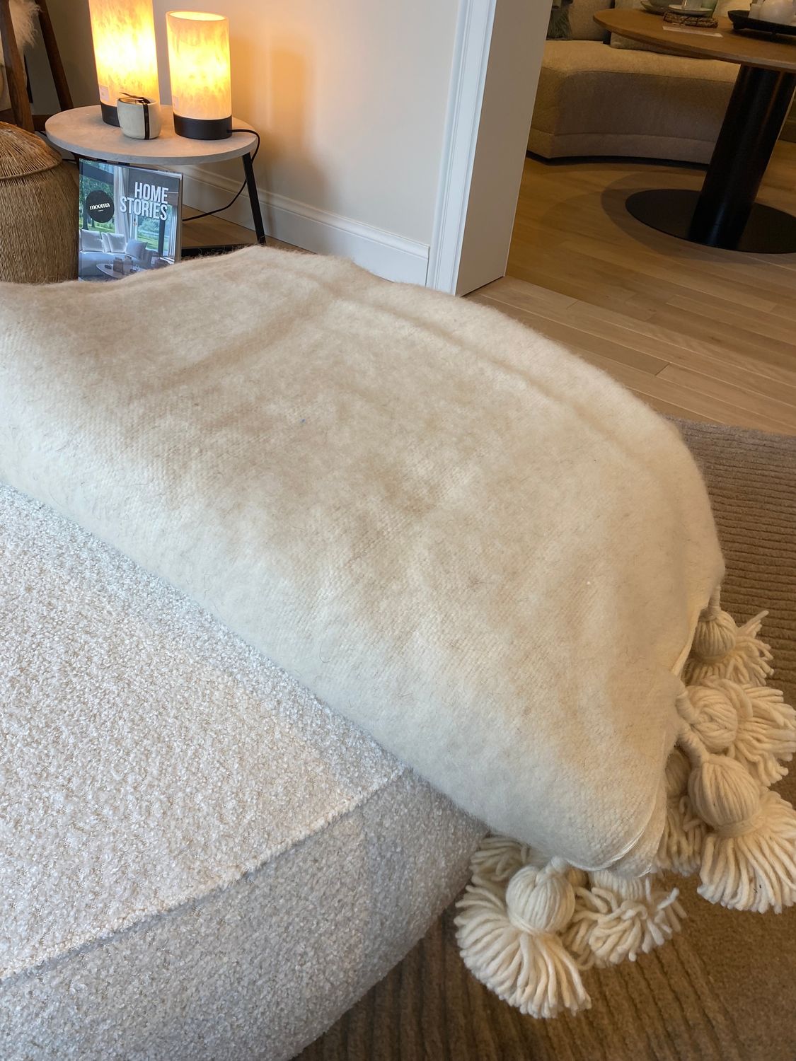 ​Summer Sale! Plaid Marrakech, wol, crème met pompons, Large 150x250cm