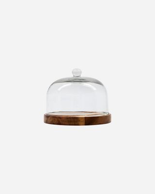 Glazen stolp, houten plateau Glazen stolp, houten plateau