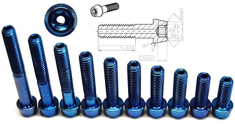 Titan Schraube blau M6 x 16-18-20-22-25-26.5-30-35-40-45 hohl konisch T30