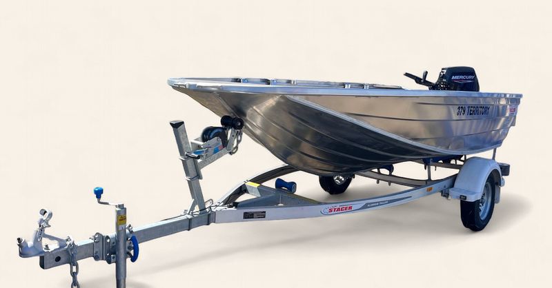Stacer 379 Territory Striker 2024 Runout with Transducer Bracket Fuel Tank Rack Mercury 25ELHPT Electric start Power Tilt and Trailer Package