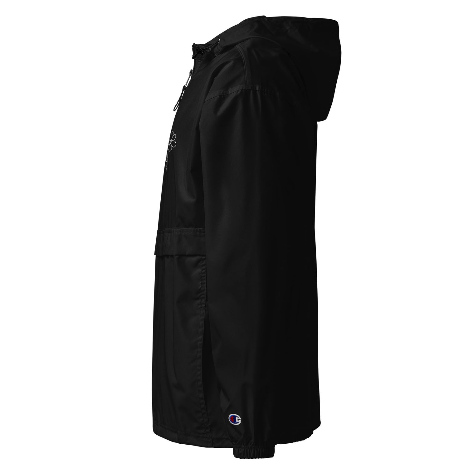 Cocofleur x Champion hoodie, black with white Cocofleur print, urban streetwear, NYC fashion, limited edition, comfortable and stylish, perfect for layering.
