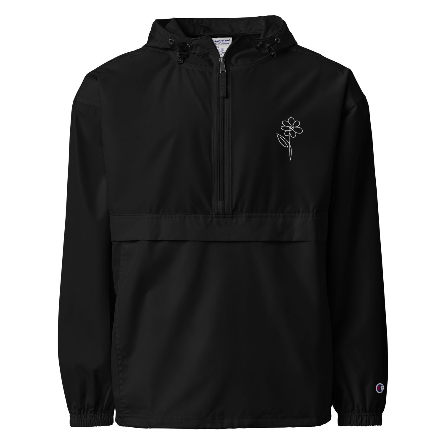 Cocofleur x Champion hoodie, black with white Cocofleur print, urban streetwear, NYC fashion, limited edition, comfortable and stylish, perfect for layering.