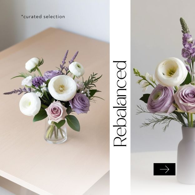 A hand-selected 6-10 stem arrangement, designed to restore balance and tranquility with peonies that are Soft pastels, calming white lisianthus and uplifting purple hues. 