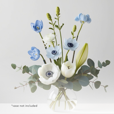 A curated selection of calming blooms, in a smaller, more affordable arrangement, to promote mental clarity and reduce stress.