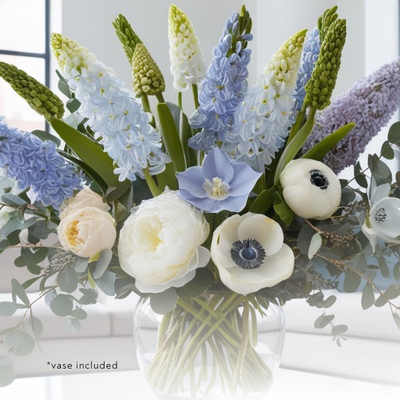 CocoFleur Blue Focus bouquet with blue hyacinths, white anemones, and light blue delphinium for mental clarity