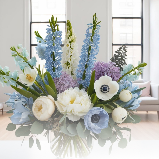 CocoFleur Blue Focus bouquet with blue hyacinths, white anemones, and light blue delphinium for mental clarity