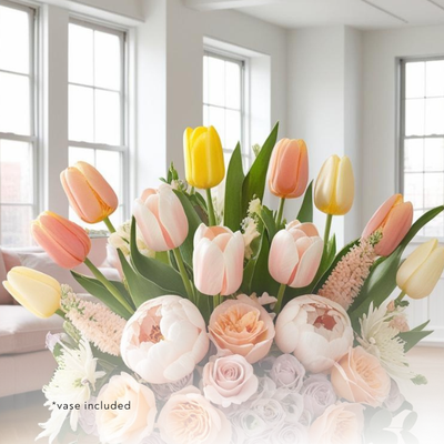 This abundant arrangement of premium peonies, vibrant tulips, and fragrant sweet peas radiates warmth and fosters positive social energy. An exquisite expression of kindness, designed to transform any space into a haven of joyful connection.