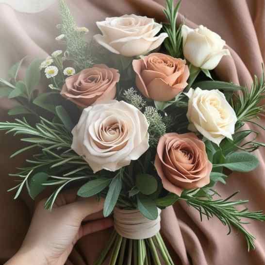 Tonal summer bouquet with garden roses, fragrant herbs, and matte greenery. Styled on raw silk.