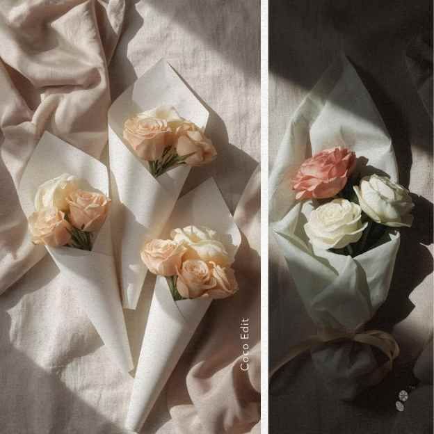 Detail of Ranunculus and Lisianthus stems from Coco Fleur’s Soft Haze menu.