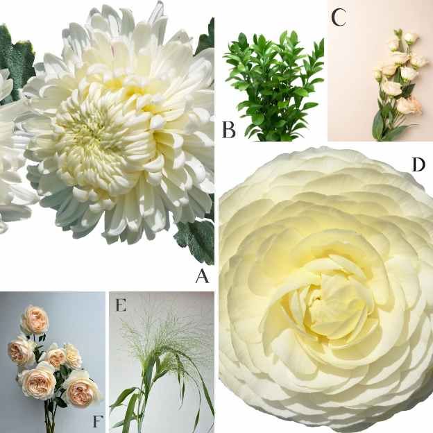 Coco Story bouquet stem menu — Chrysanthemum, Lisianthus, Ranunculus, Spray Roses, Explosion Grass, and Greenery arranged in 
