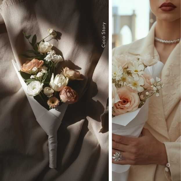 The Coco Story bouquet wrapped in white paper with satin ribbon — 12 to 15 stems, airy and sculptural, Soft Haze palette.