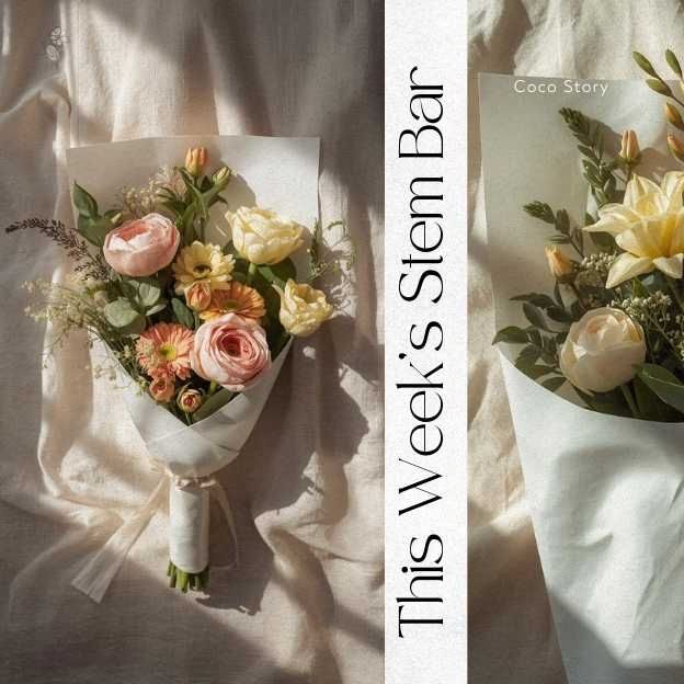 Coco Story bouquet styled on neutral fabric — transparent luxury floral arrangement from Coco Fleur.