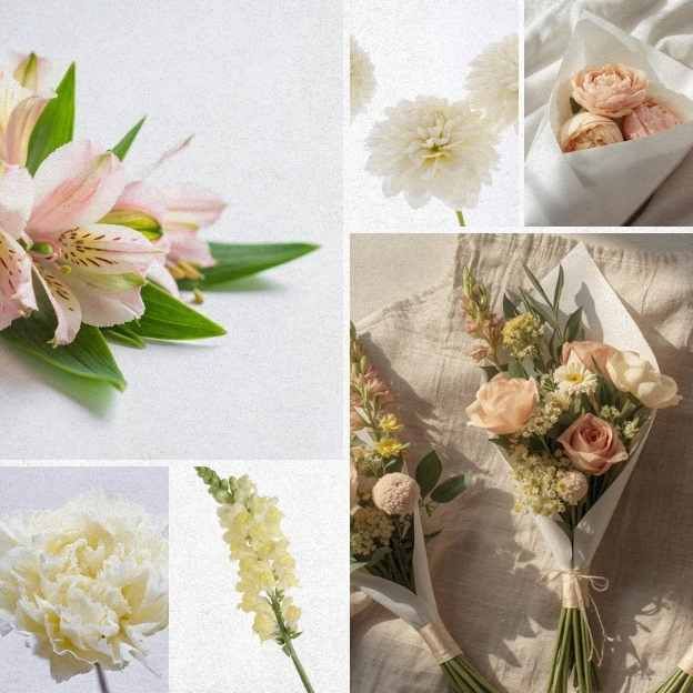 Soft Haze hand-tied bouquet featuring peach and butter-yellow blooms wrapped in white paper — Coco Fleur Curated Edit.