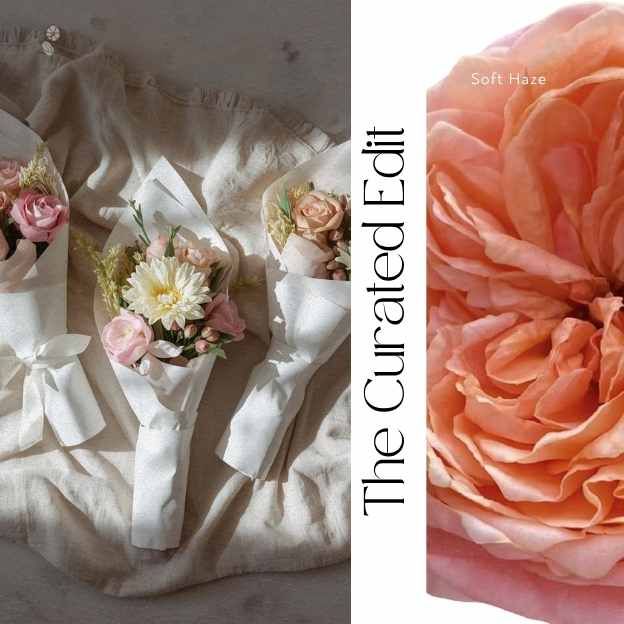 Coco Fleur Curated Edit bouquet on linen cloth with soft sunlight.