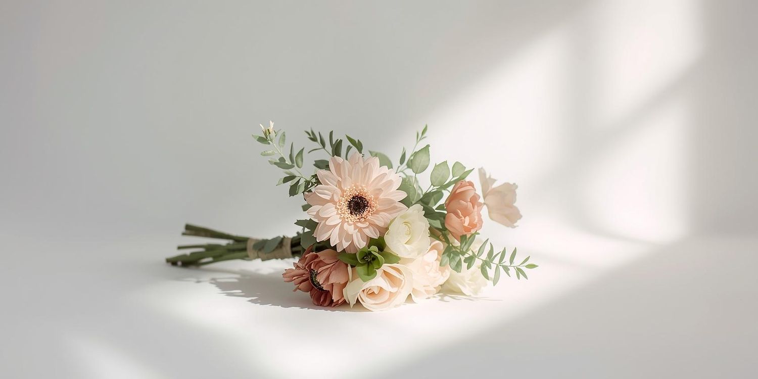Soft Haze bouquet by Coco Fleur — petite hand-tied arrangement of blush, peach, and cream blooms resting in natural light