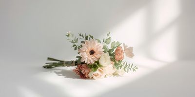 Soft Haze bouquet by Coco Fleur — petite hand-tied arrangement of blush, peach, and cream blooms resting in natural light