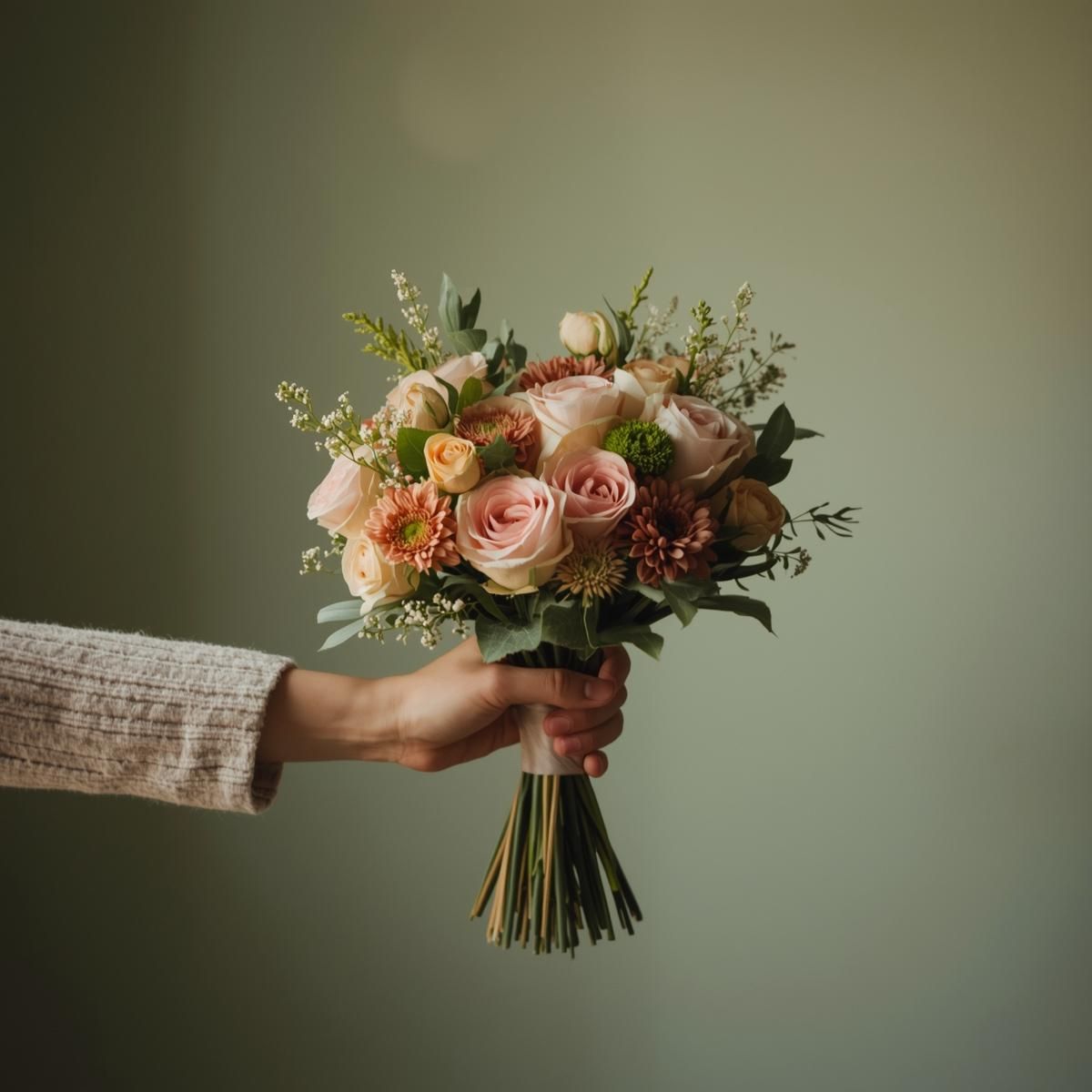 Coco Fleur Classic Express bouquet — fuller sculptural design of peach roses and neutral blooms held against a muted greens