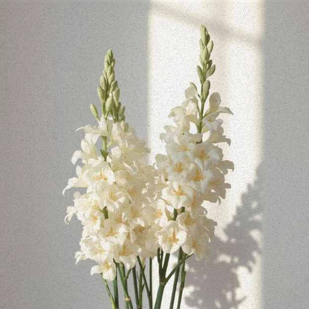 Cream and white stock, hand-tied in a soft winter palette. Sculptural, clean, and effortless.