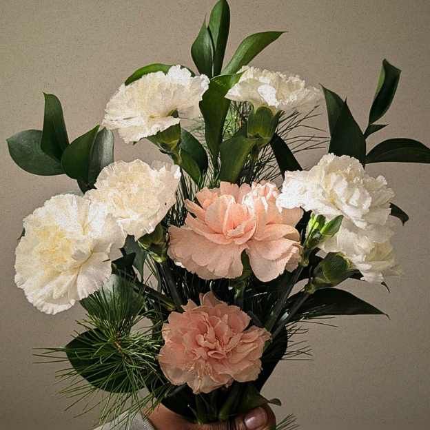 Daily Ritual bouquet featuring layered white and blush carnations against soft winter shadows.