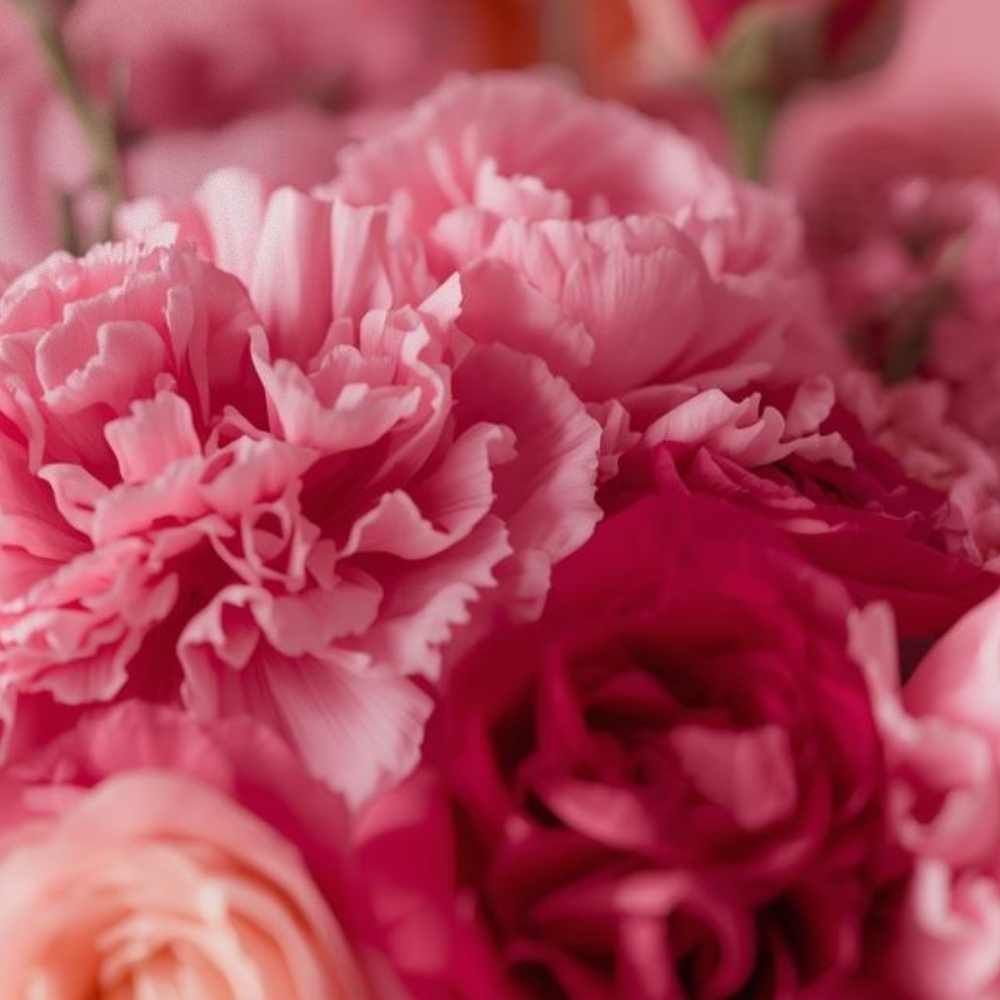 Close-up detail of hot pink carnations and rose petals showing layered texture and saturated color.