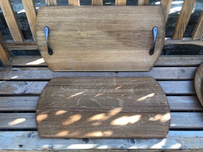 Tray from top of reclaimed oak wine barrel with handles