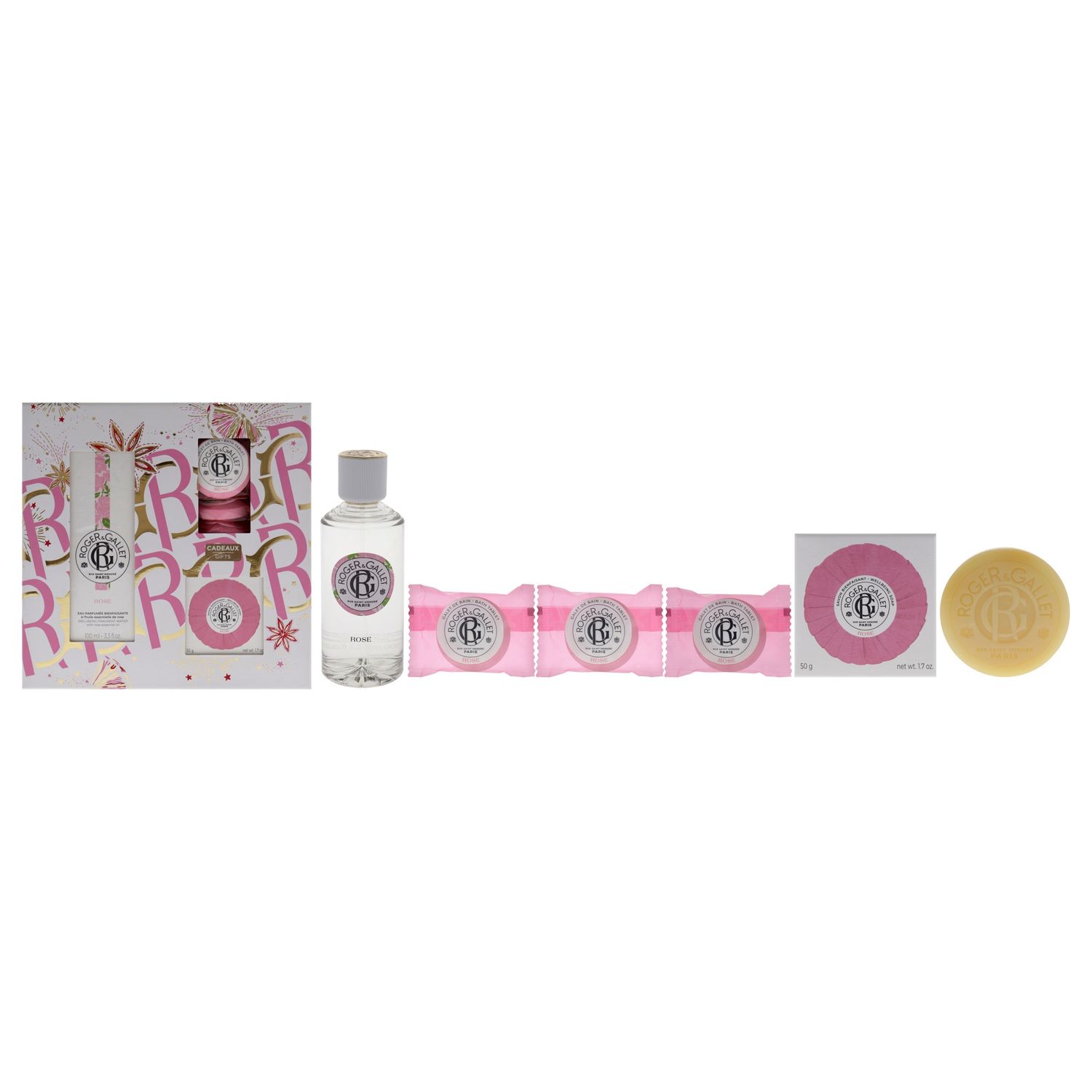 Rose by Roger &amp; Gallet for Women - 5 Pc Gift Set 3.3oz Wellbeing Fragrant Water, 3 x 0.88oz Bath Tablets, 1.7oz Wellbeing Soap