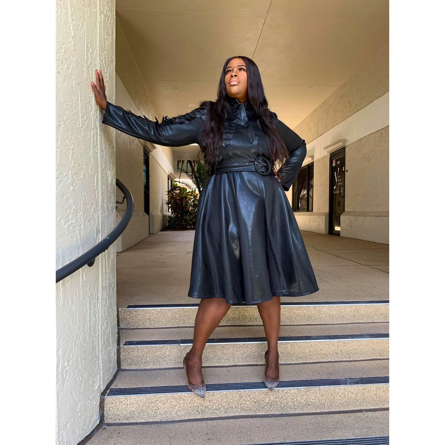Feather Leather Belted Dress
