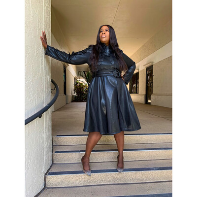 Feather Leather Belted Dress