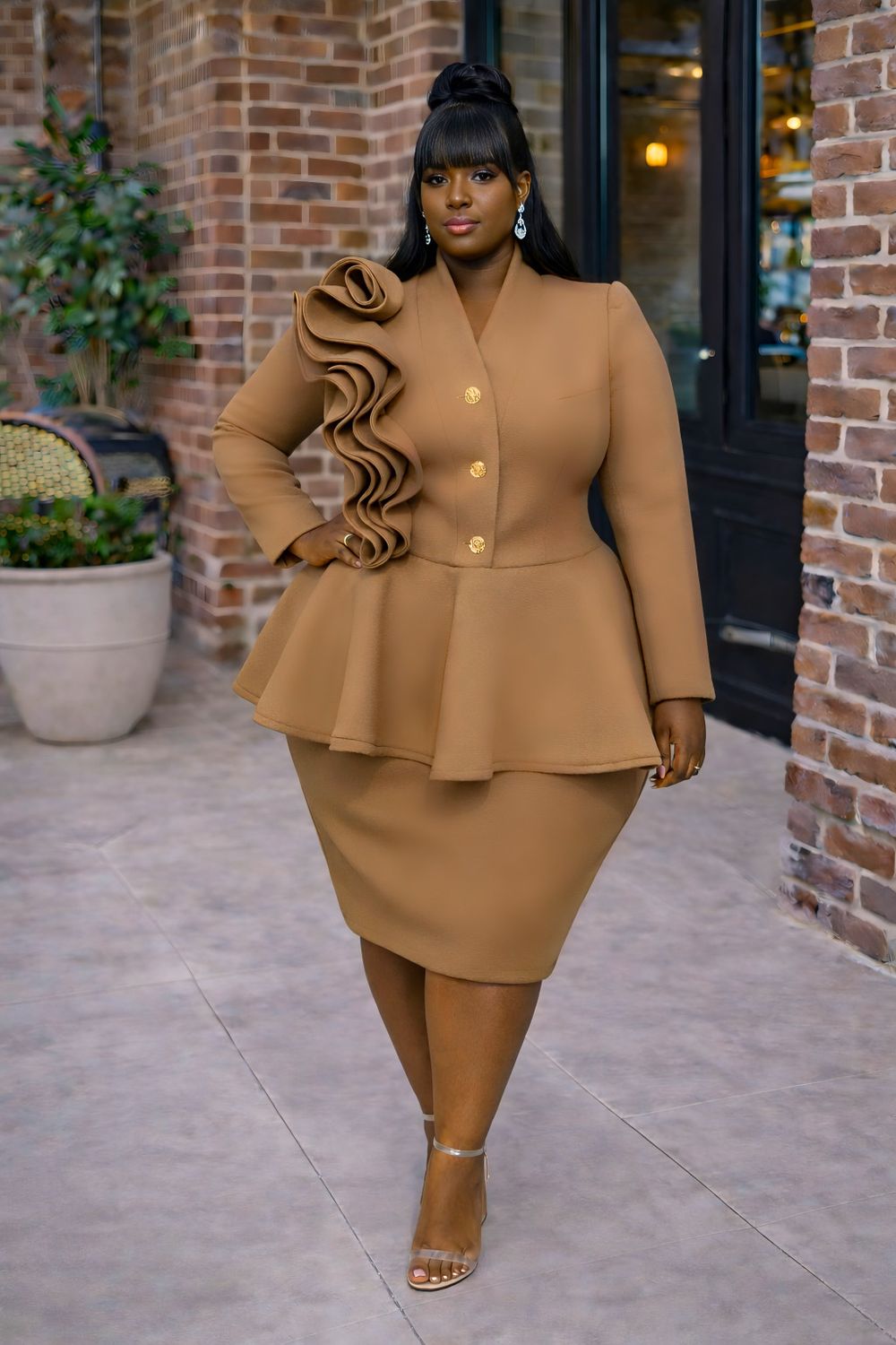 Taupe Imperial Peplum Dress