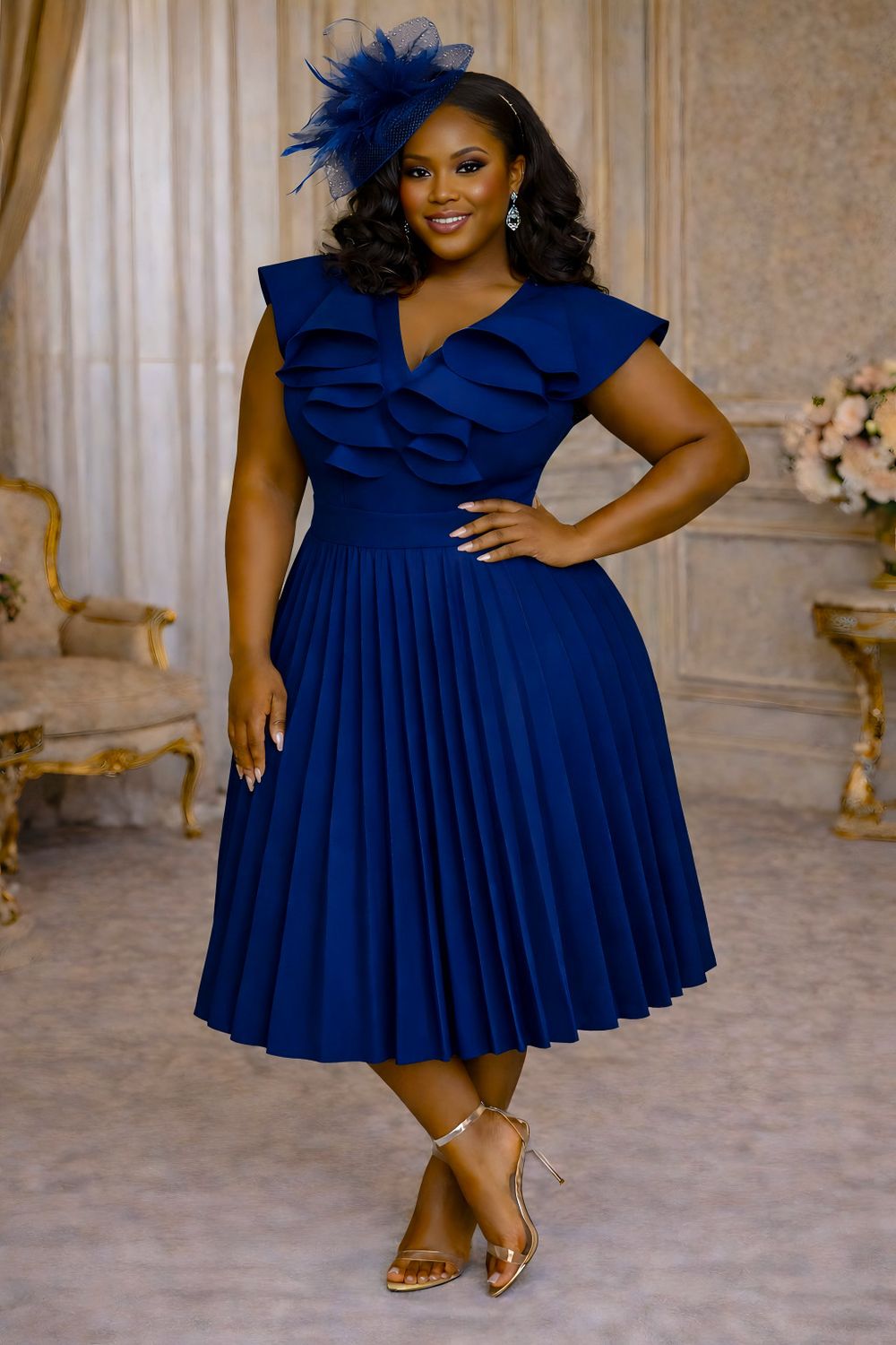 Navy Blossom Pleated Dress