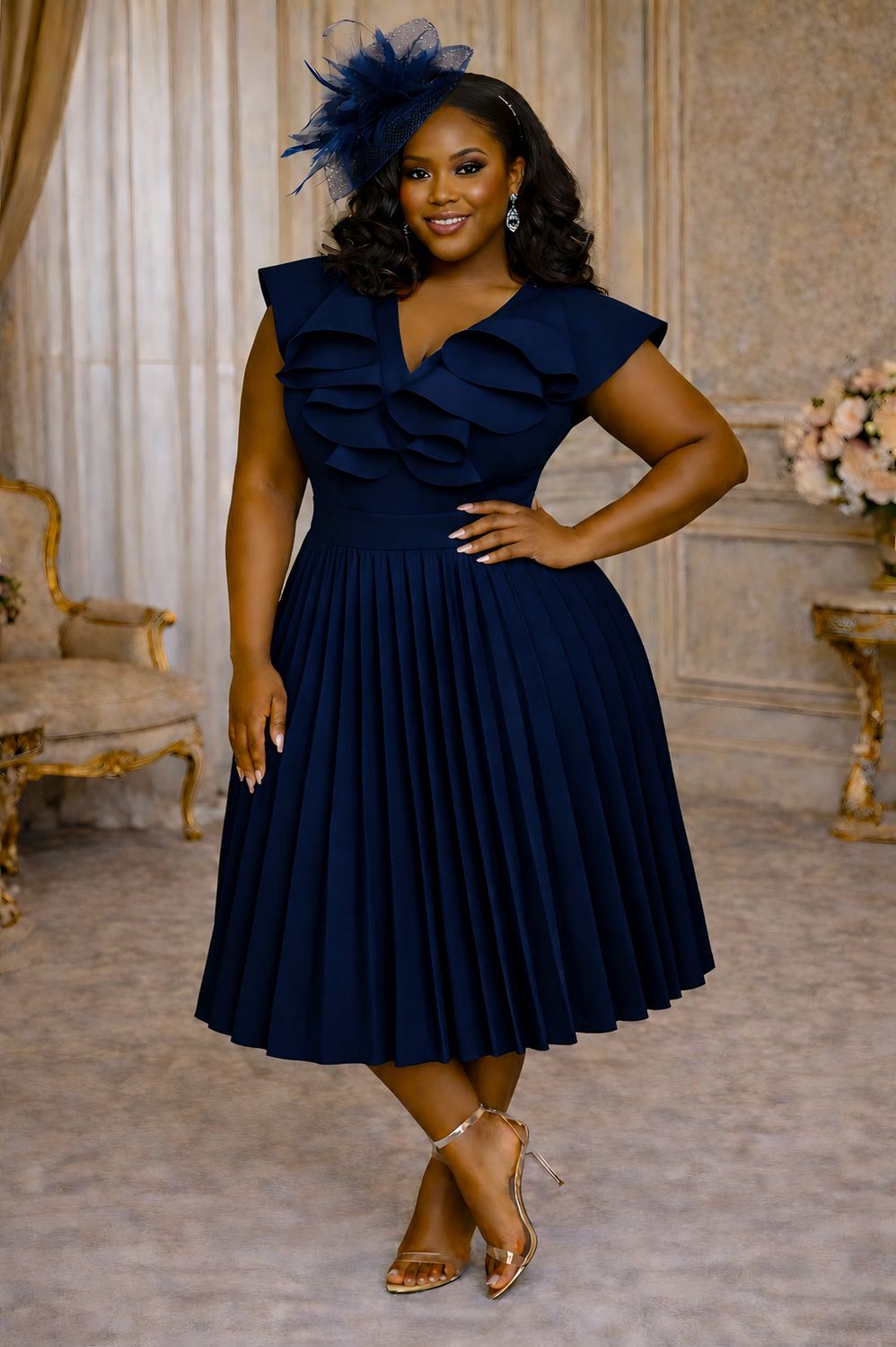 Navy Blossom Pleated Dress