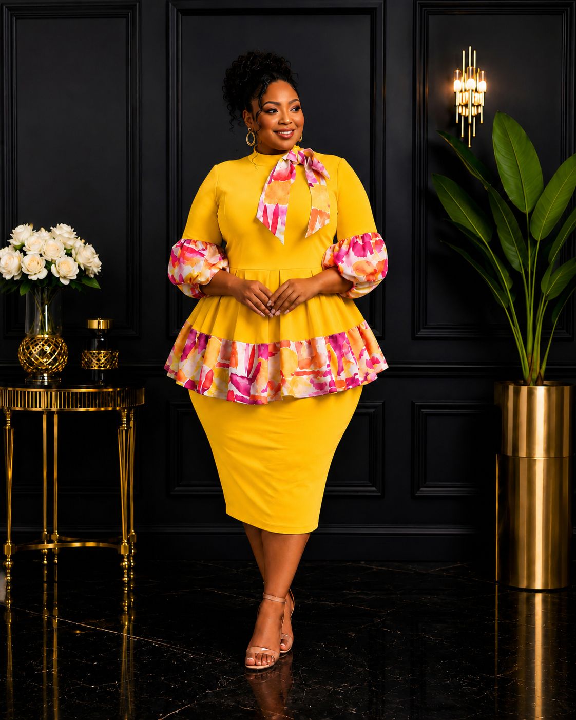 Golden Bloom Peplum Dress