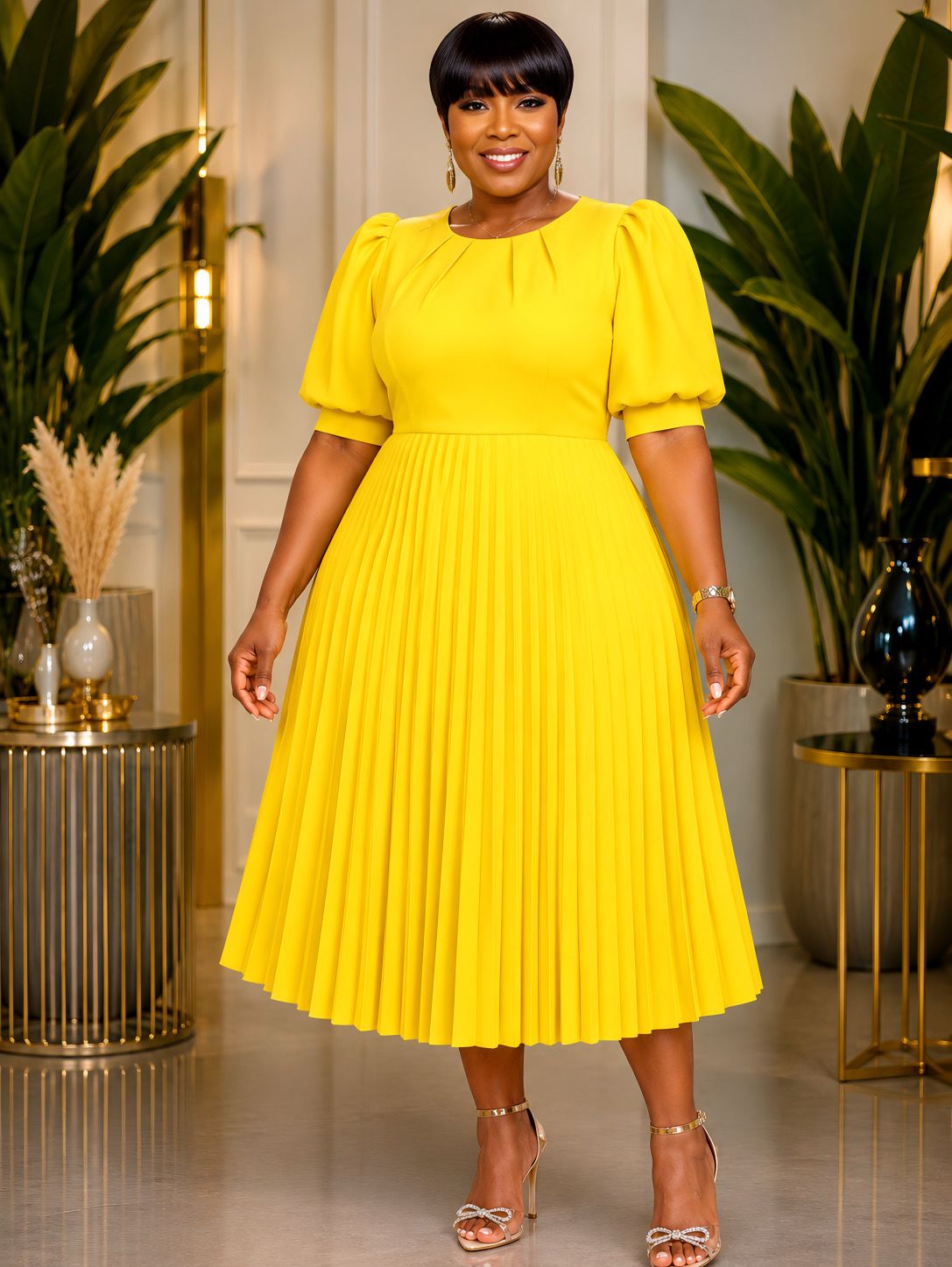Golden Lydia Pleated Dress