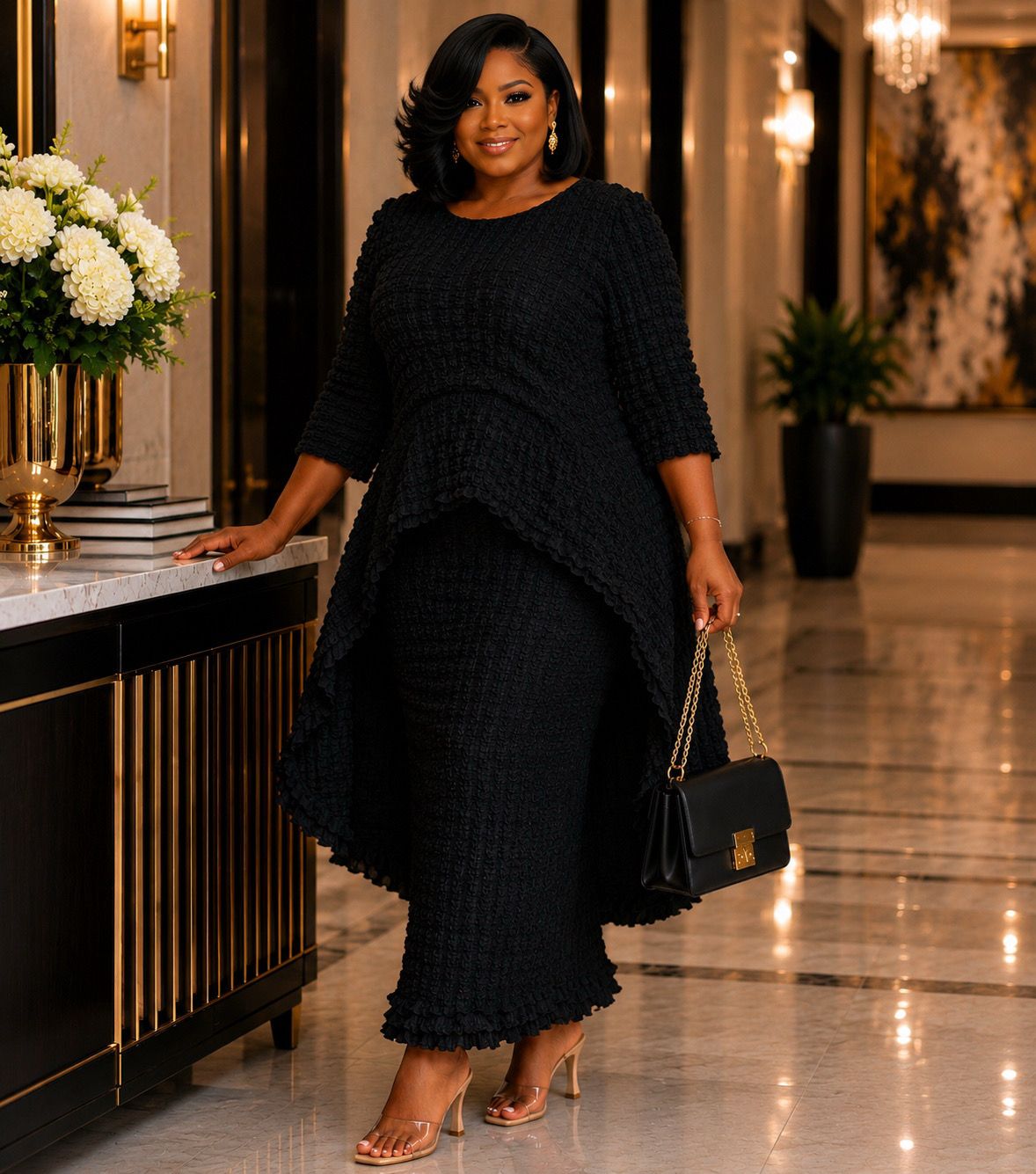 Black Popcorn Skirt Set